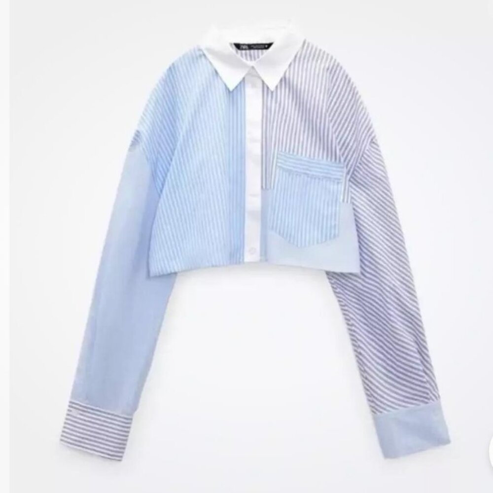 Zara striped patchwork crop shirt Small